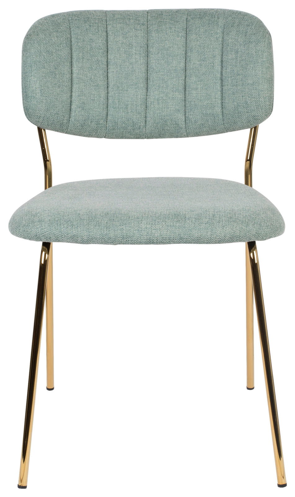 Moderner Stuhl mit mintgrünem Stoffbezug und goldenen Metallbeinen, Frontalansicht.