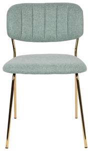 Moderner Stuhl mit mintgrünem Stoffbezug und goldenen Metallbeinen, Frontalansicht.