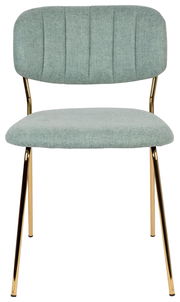 Moderner Stuhl mit mintgrünem Stoffbezug und goldenen Metallbeinen, Frontalansicht.