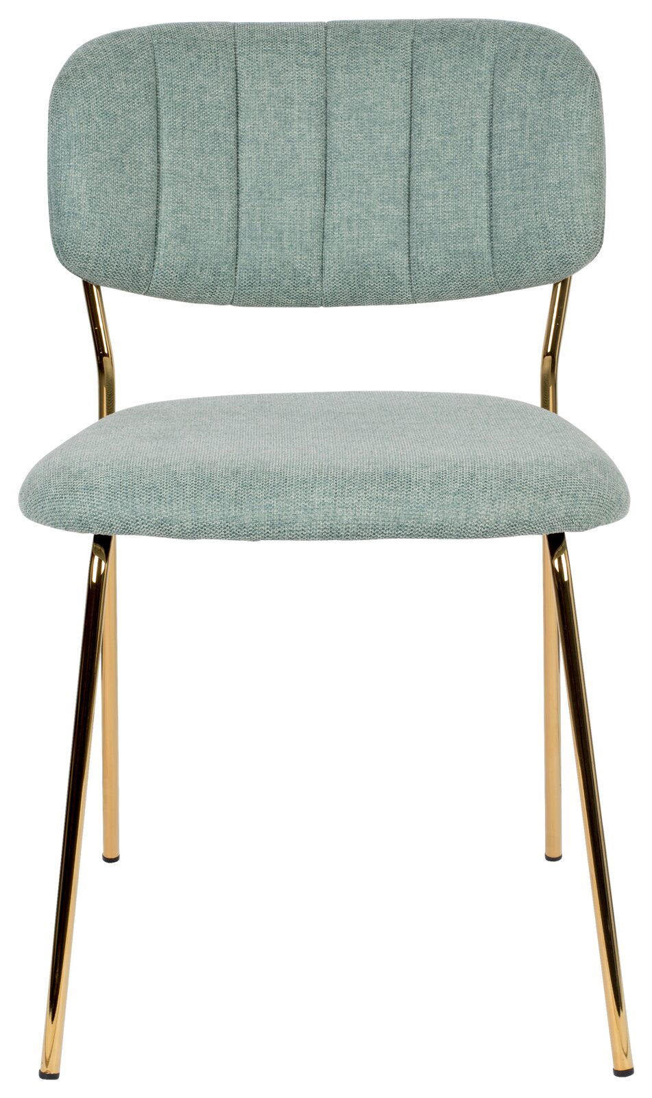 Moderner Stuhl mit mintgrünem Stoffbezug und goldenen Metallbeinen, Frontalansicht.