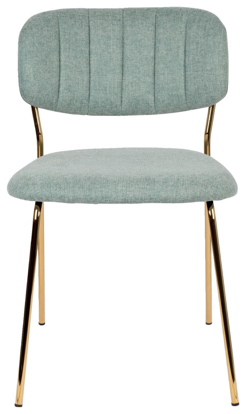 Moderne stoel met mintgroene stoffen bekleding en gouden metalen poten, gezien van voren.
