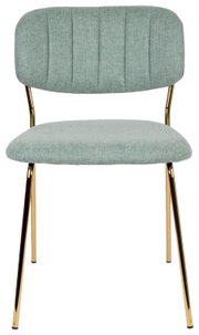 Moderne stoel met mintgroene stoffen bekleding en gouden metalen poten, gezien van voren.