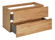 Waschtischunterschrank aus Holz mit zwei offenen Schubladen, seitliche Perspektive