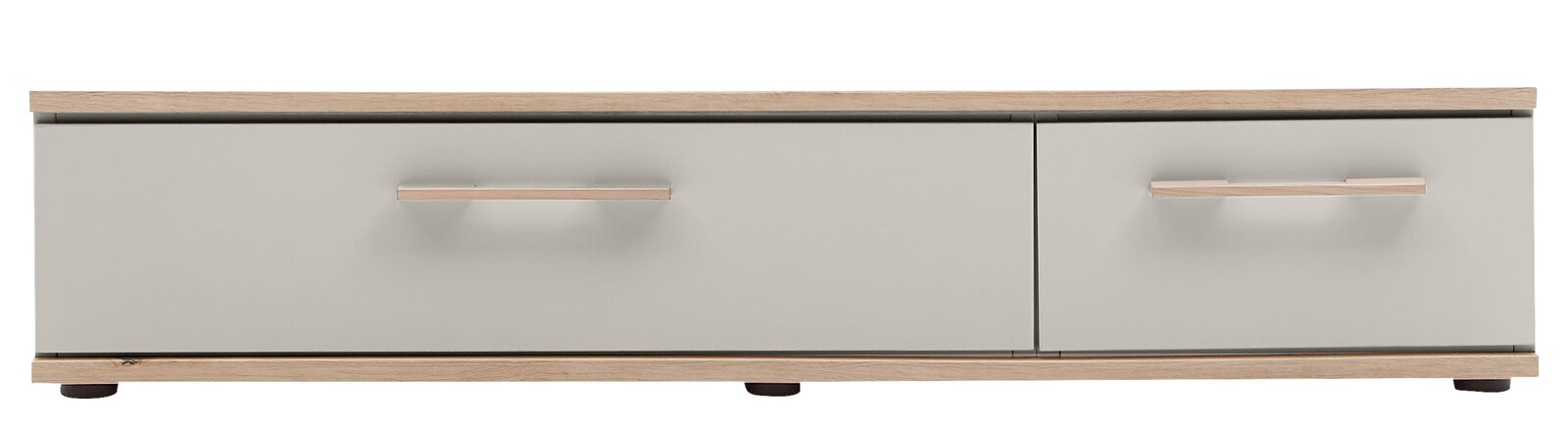 Venda Unterbau für Drehtürenschrank MANHATTAN Frontansicht eines Unterbaus für Drehtürenschrank mit zwei Schubladen, Holzoptik und grauen Fronten.