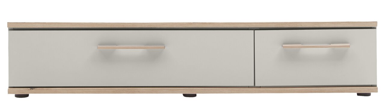 Venda Unterbau für Drehtürenschrank MANHATTAN Frontansicht eines Unterbaus für Drehtürenschrank mit zwei Schubladen, Holzoptik und grauen Fronten.