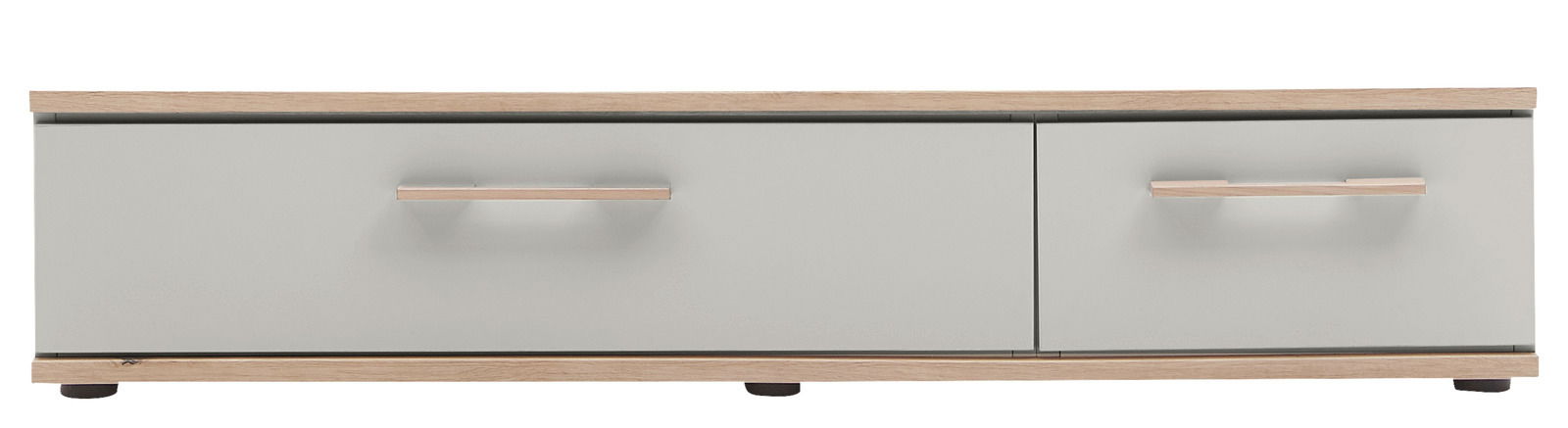 Frontansicht eines Unterbaus für Drehtürenschrank mit zwei Schubladen, Holzoptik und grauen Fronten.