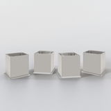 Vier quadratische, silberne Metallfüße für einen Midischrank, frontal abgebildet auf weißem Hintergrund.