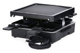 Raclette-Grill mit vier Pfännchen und Grillplatte, seitliche Perspektive