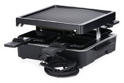 Raclette-Grill mit vier Pfännchen und Grillplatte, seitliche Perspektive
