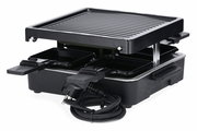 Raclette-Grill mit vier Pfännchen und Grillplatte, seitliche Perspektive