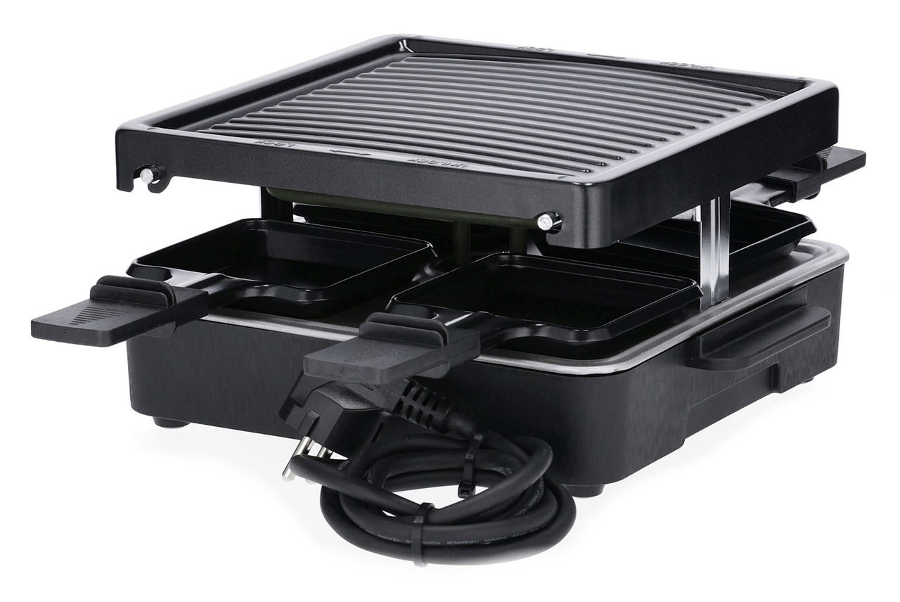 Raclette-Grill mit vier Pfännchen und Grillplatte, seitliche Perspektive