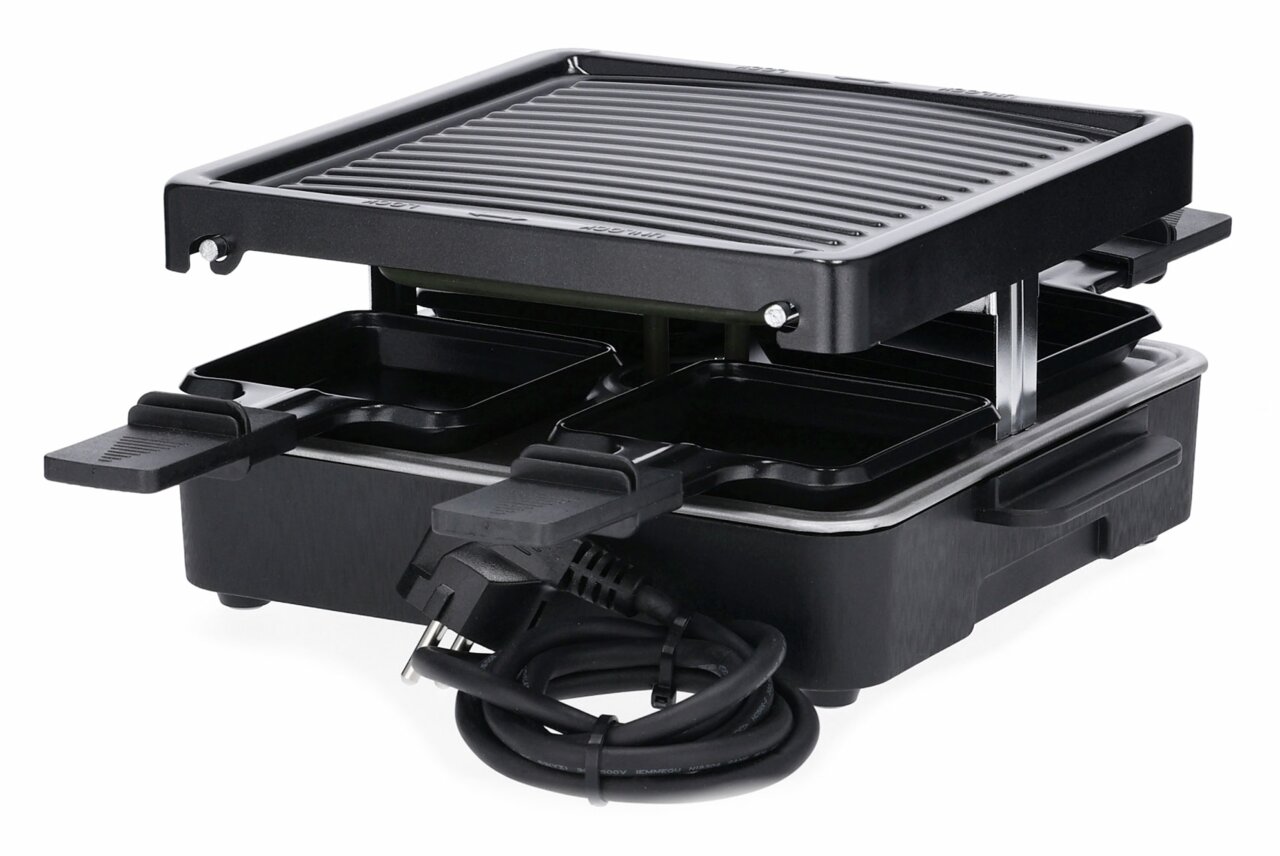 Raclette-Grill mit vier Pfännchen und Grillplatte, seitliche Perspektive