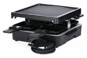 Raclette-Grill mit vier Pfännchen und Grillplatte, seitliche Perspektive