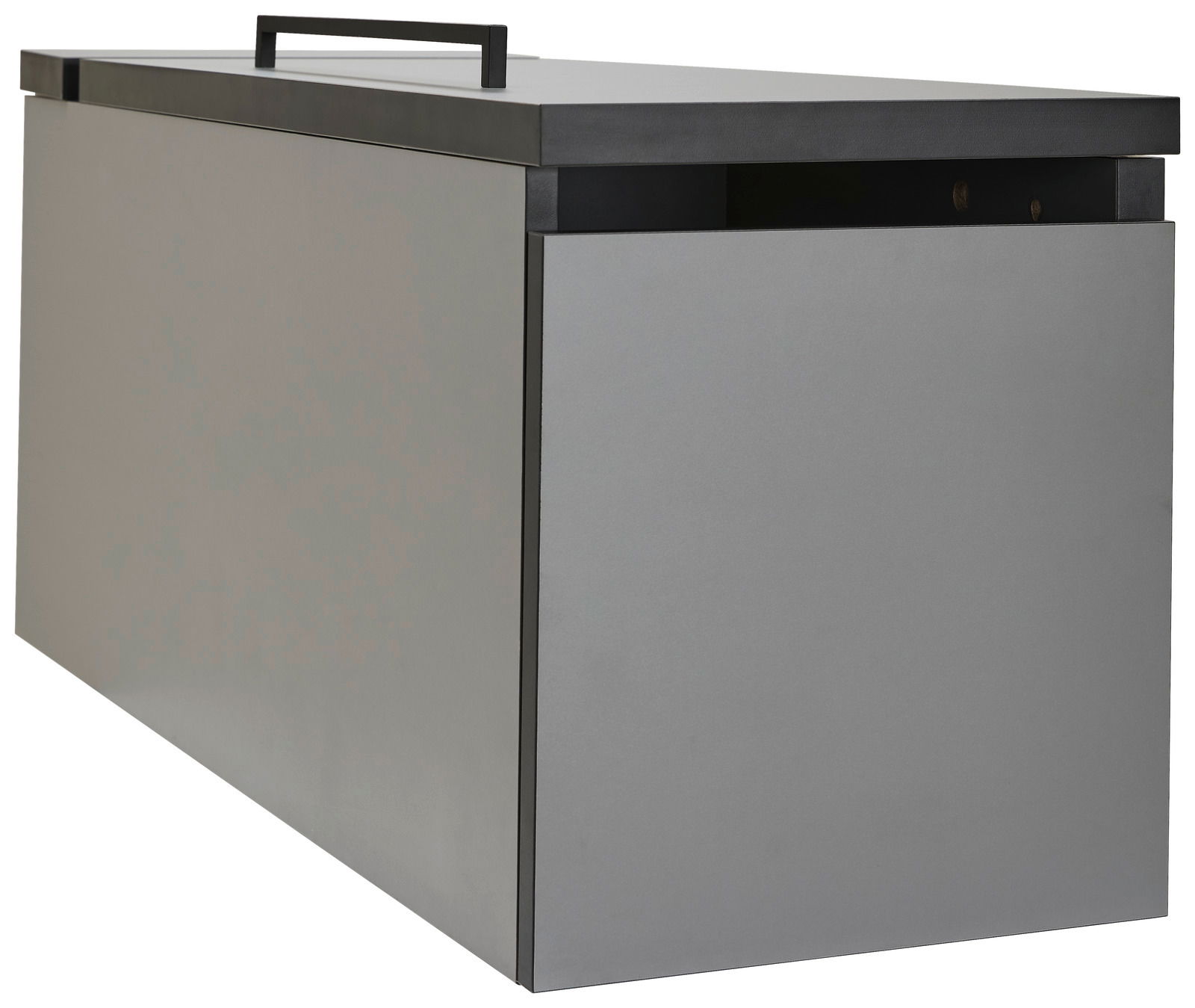 Graue Towerunit (Container) mit schwarzem Griff, seitliche Perspektive