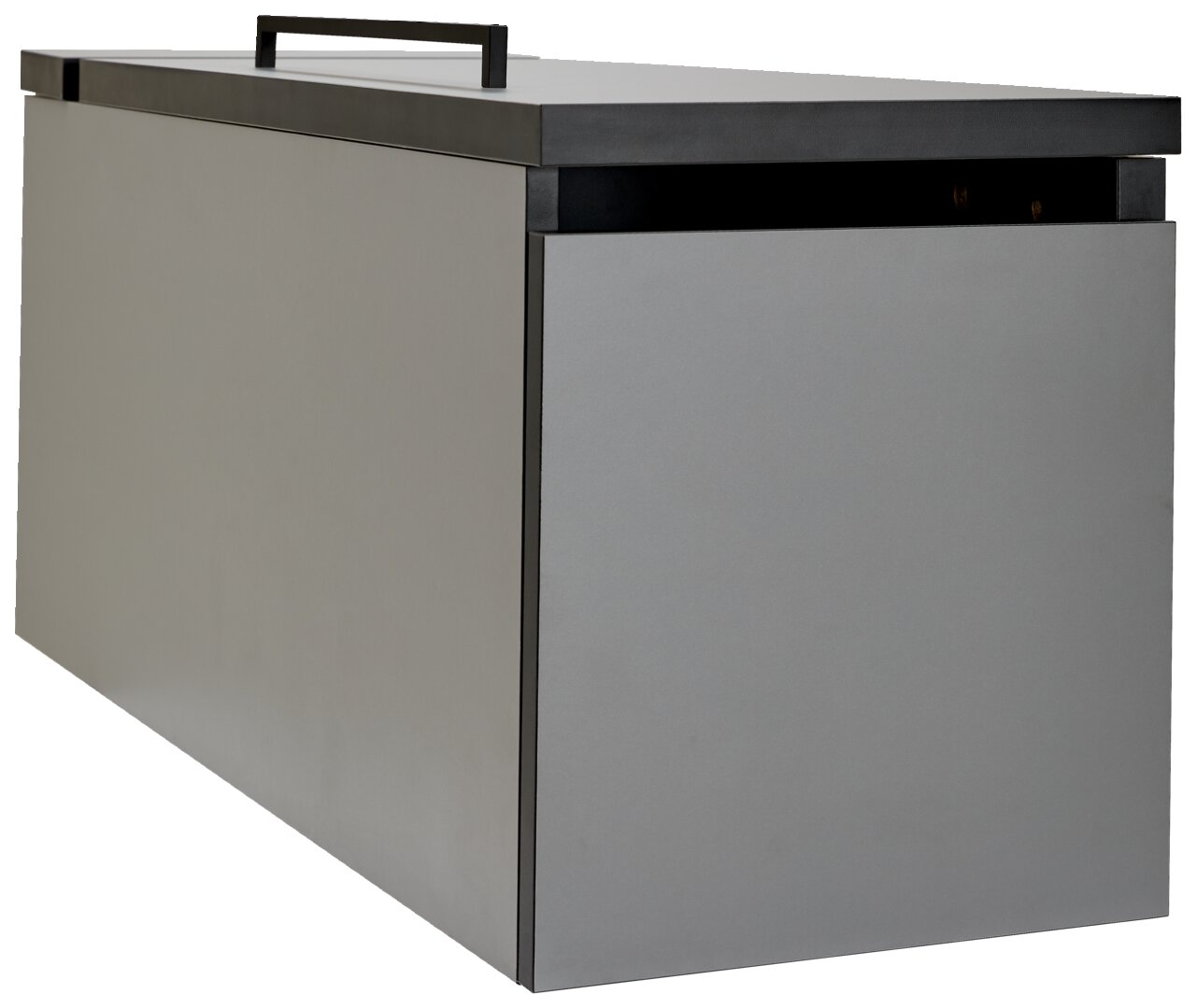 Graue Towerunit (Container) mit schwarzem Griff, seitliche Perspektive