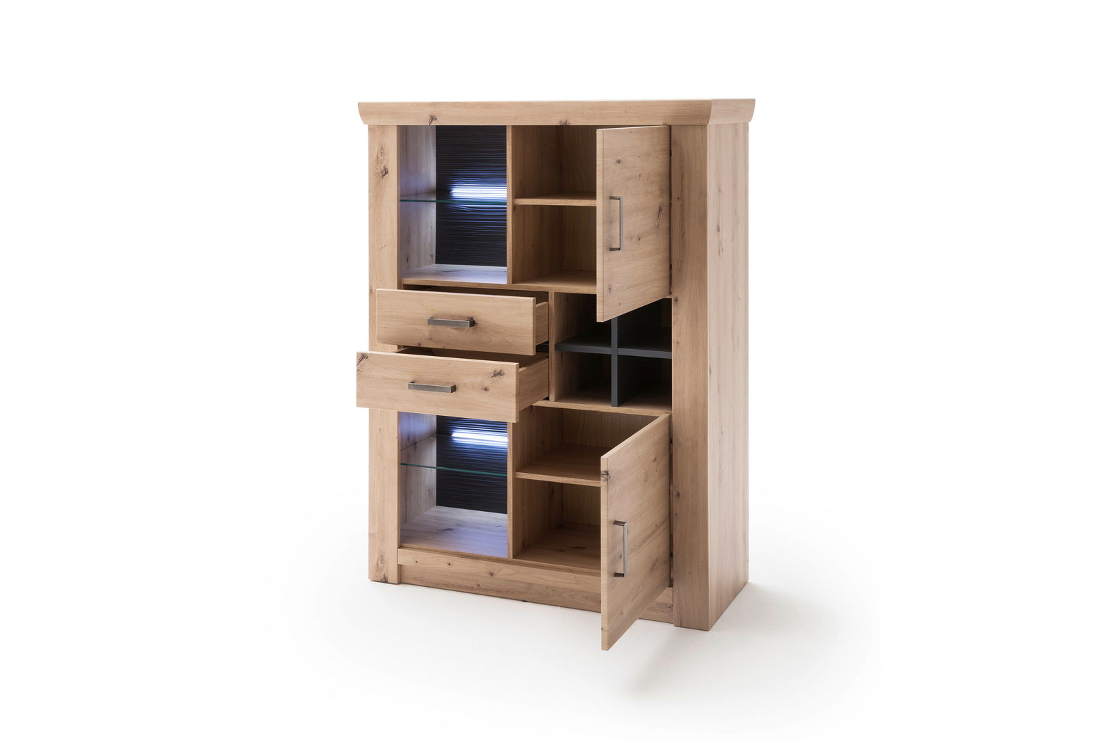 Helles Holz-Highboard mit offenen Schubladen und Türen, seitliche Perspektive