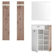 Garderoben-Set bestehend aus zwei hölzernen Wandpaneelen mit Haken, einem weißen Spiegel und einem weißen Schrank mit offenen Türen, frontal betrachtet.