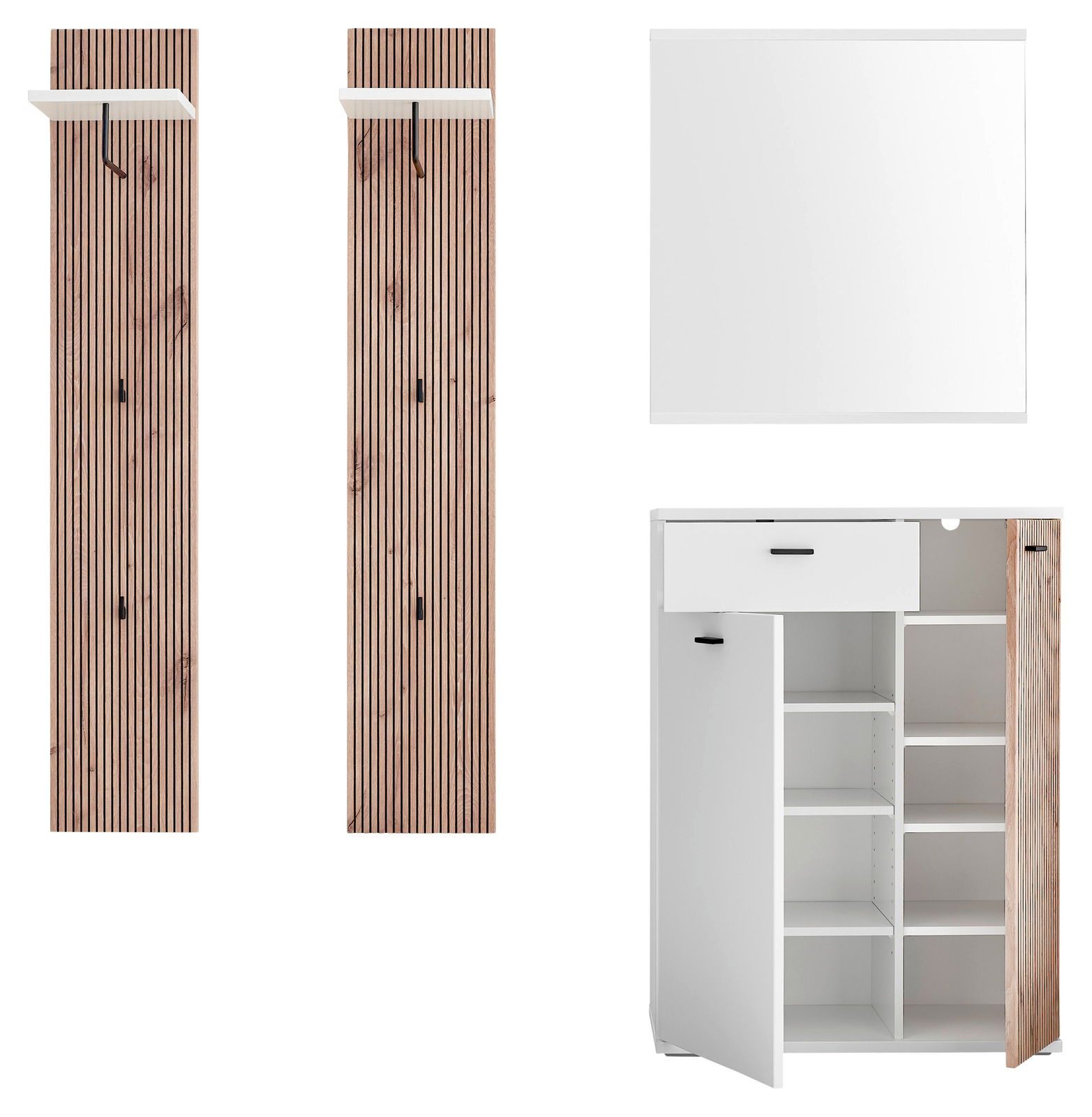 Garderoben-Set bestehend aus zwei hölzernen Wandpaneelen mit Haken, einem weißen Spiegel und einem weißen Schrank mit offenen Türen, frontal betrachtet.