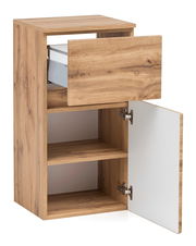 Unterschrank aus Holz mit einer offenen Schublade und einer geöffneten Tür, seitliche Perspektive