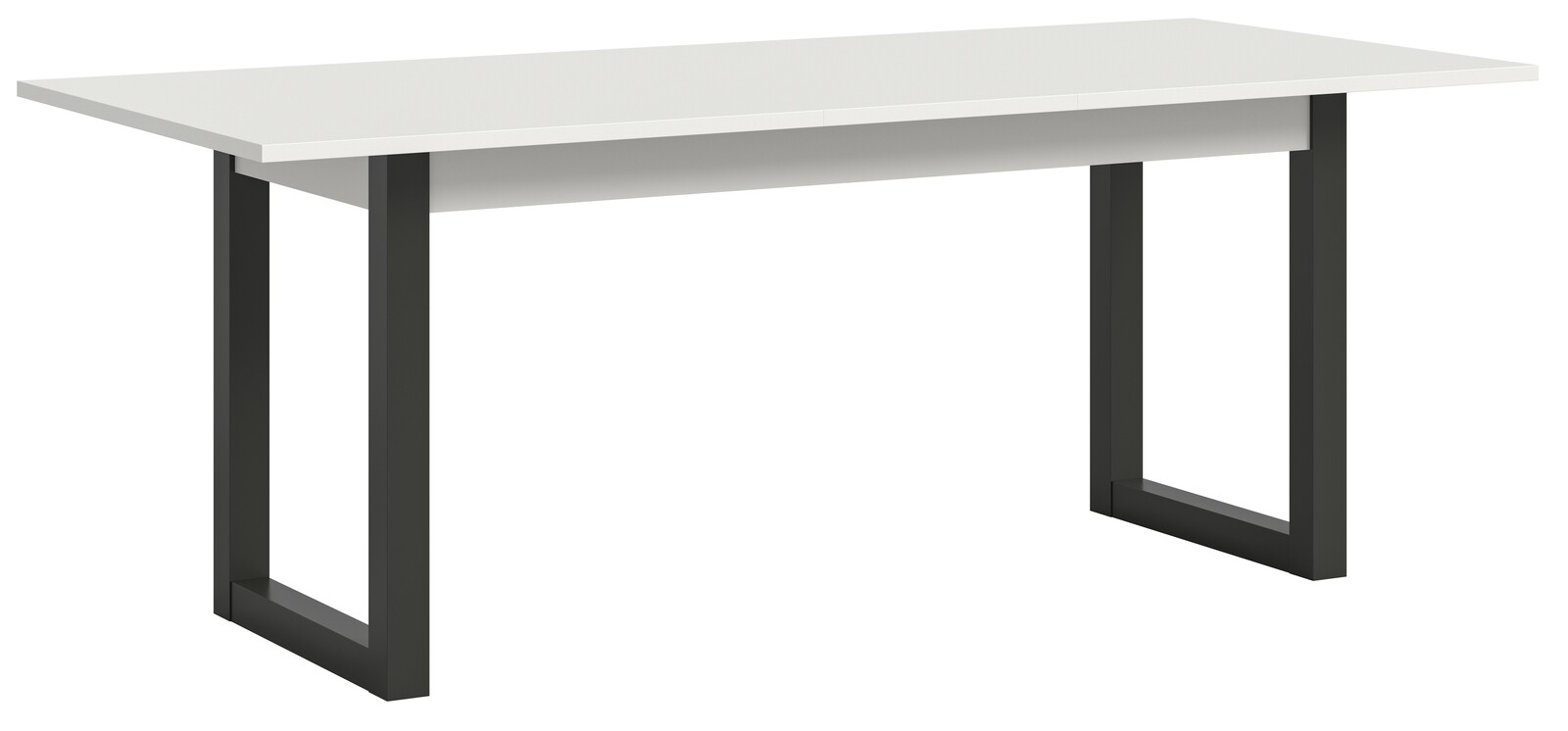 Moderner Esstisch mit weißer Tischplatte und schwarzen Metallbeinen, seitliche Perspektive