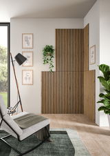 Modernes Wohnzimmer mit Akustikpaneel an der Wand, seitliche Perspektive. Das Paneel hat vertikale Holzlatten und ist von Pflanzen und minimalistischen Kunstwerken umgeben.