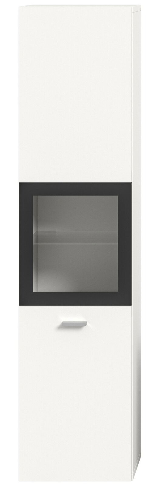 Moderner weißer Badschrank mit Glaseinsatz, frontal betrachtet.