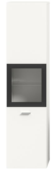 Moderner weißer Badschrank mit Glaseinsatz, frontal betrachtet.