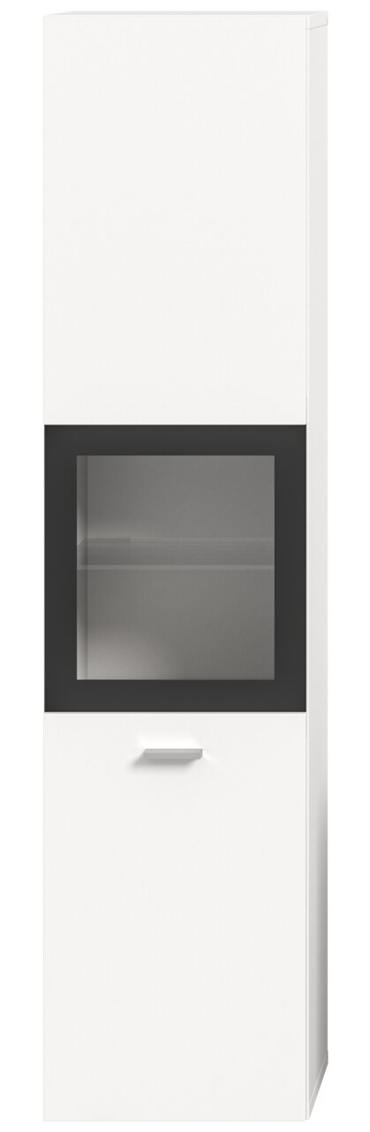 Moderner weißer Badschrank mit Glaseinsatz, frontal betrachtet.