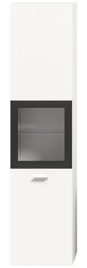 Moderner weißer Badschrank mit Glaseinsatz, frontal betrachtet.