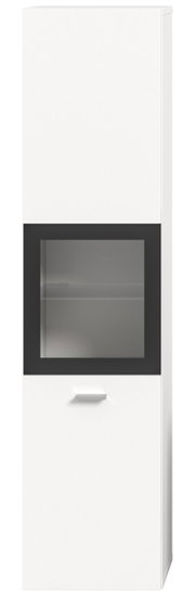 Moderner weißer Badschrank mit Glaseinsatz, frontal betrachtet.