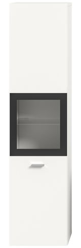 Moderner weißer Badschrank mit Glaseinsatz, frontal betrachtet.