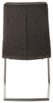 Rückansicht eines Freischwinger-Stuhls mit dunkelgrauem Stoffbezug und Metallgestell.