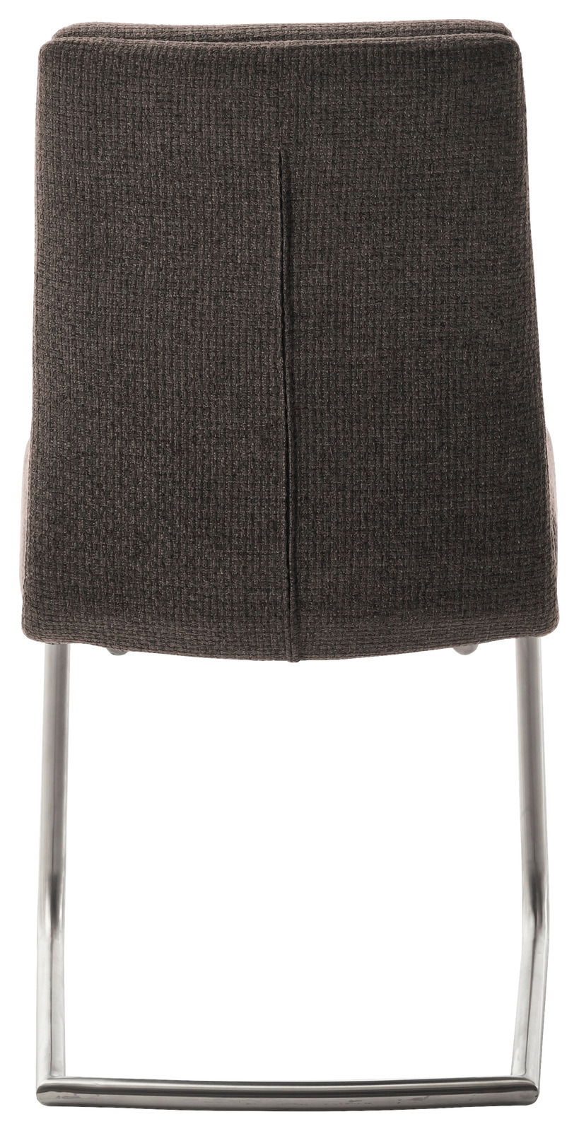 Rückansicht eines Freischwinger-Stuhls mit dunkelgrauem Stoffbezug und Metallgestell.