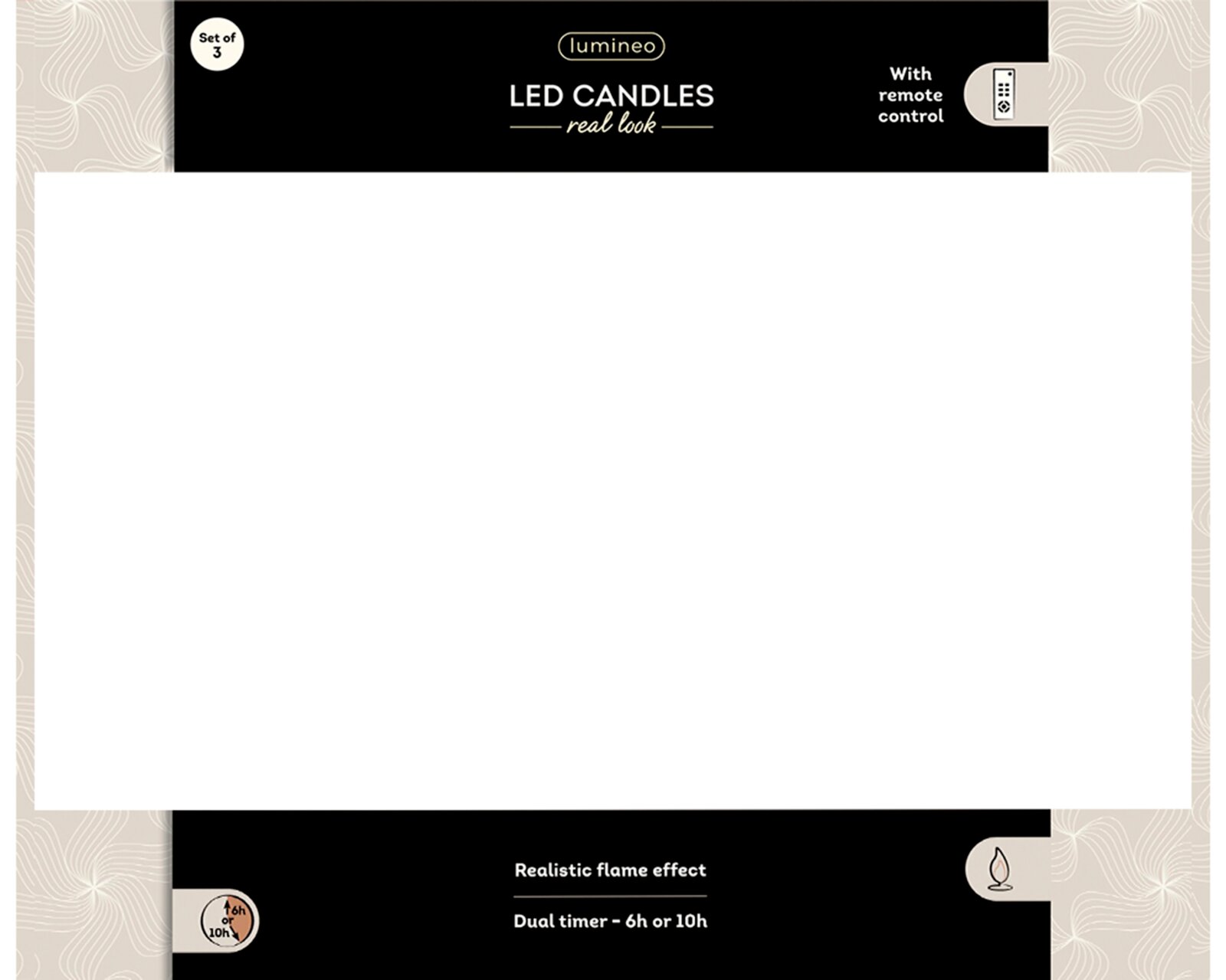 Frontansicht der Lumineo-Verpackung für ein 3er-Set LED-Kerzen mit realistischer Flammenoptik, Fernbedienung und dualem 6- oder 10-Stunden-Timer.