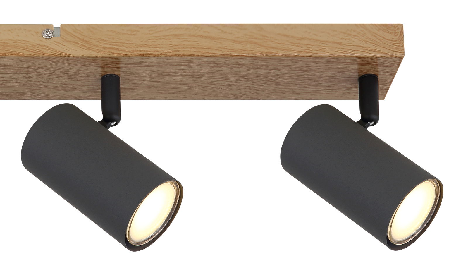 Zwei zylindrische Strahler aus dunkelgrauem Metall, montiert auf einer Holzleiste, seitliche Perspektive