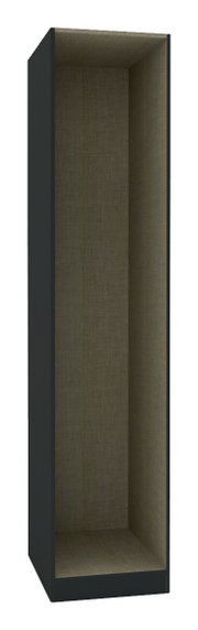 Perspektive von vorne auf einen offenen Kleiderschrank Korpus in dunkler Farbe, 210 cm hoch und 45,6 cm tief.