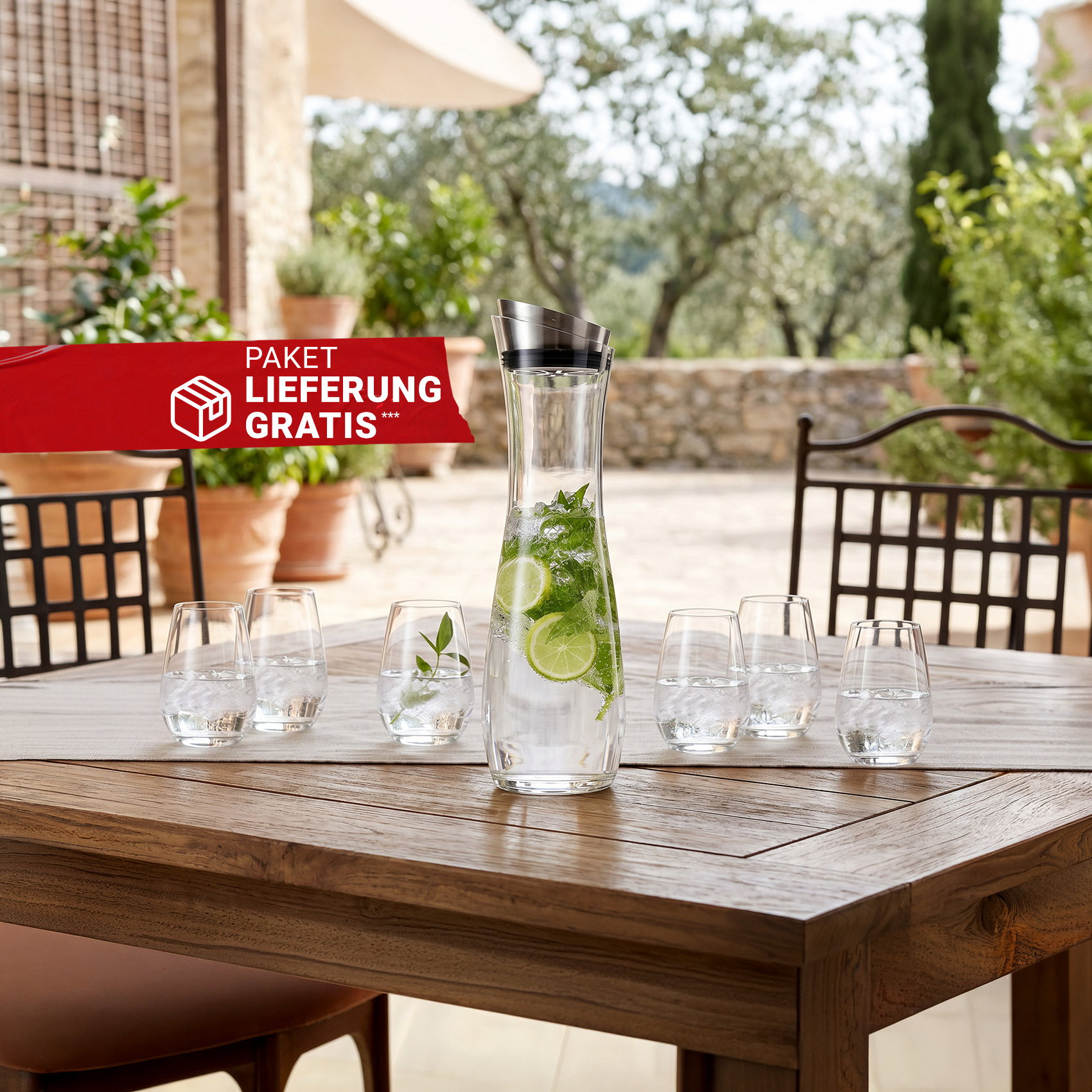 Glaskaraffe mit Wasser, Limetten und Minze auf Gartentisch, sechs Gläser, Hinweis auf Gratislieferung.
