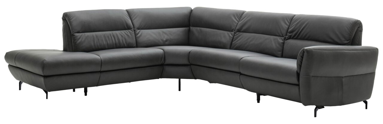 Schöner Wohnen Ecksofa SALERNO Eckgarnitur in dunklem Leder, perspektivisch von vorne links fotografiert