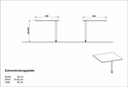 Technische Zeichnung einer Eckverbindungsplatte mit den Maßen 80 cm Breite, 70-80 cm Höhe und 80 cm Tiefe. Die Zeichnung zeigt eine Seitenansicht und eine perspektivische Ansicht der Platte mit einem Stützbein.
