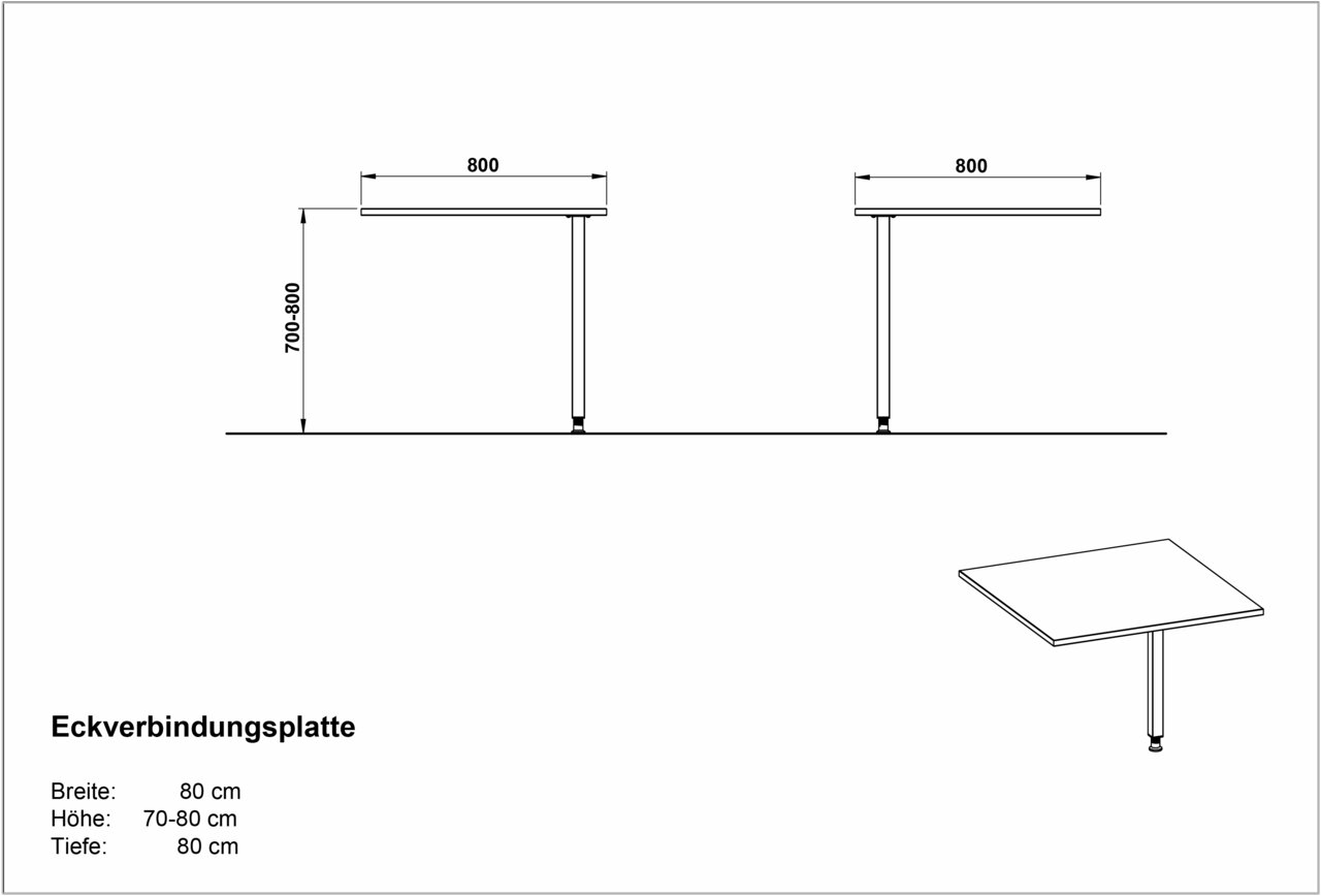 Technische Zeichnung einer Eckverbindungsplatte mit den Maßen 80 cm Breite, 70-80 cm Höhe und 80 cm Tiefe. Die Zeichnung zeigt eine Seitenansicht und eine perspektivische Ansicht der Platte mit einem Stützbein.