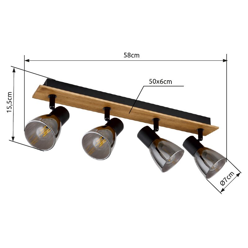 Deckenstrahler mit vier verstellbaren Leuchten, Holz- und Metallelemente, seitliche Perspektive