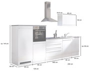 Küchenblock ohne Elektrogeräte, bestehend aus mehreren Schränken und einer Dunstabzugshaube, in einer frontalen Perspektive dargestellt.