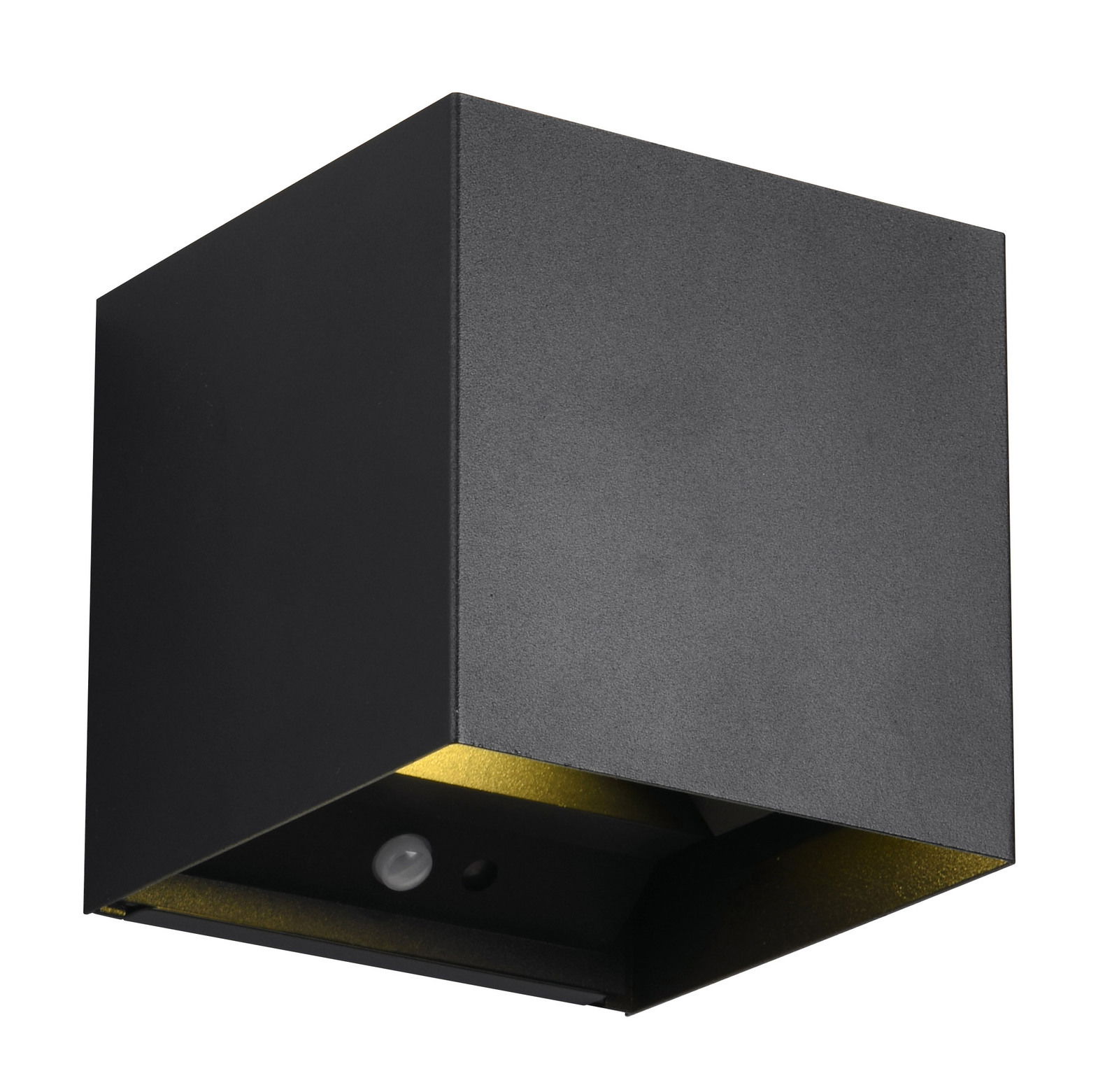 Reality Leuchten Akku-Wandleuchte TALENT Schwarze, würfelförmige Akku-Wandleuchte TALENT aus seitlicher Perspektive mit goldener Innenfläche.