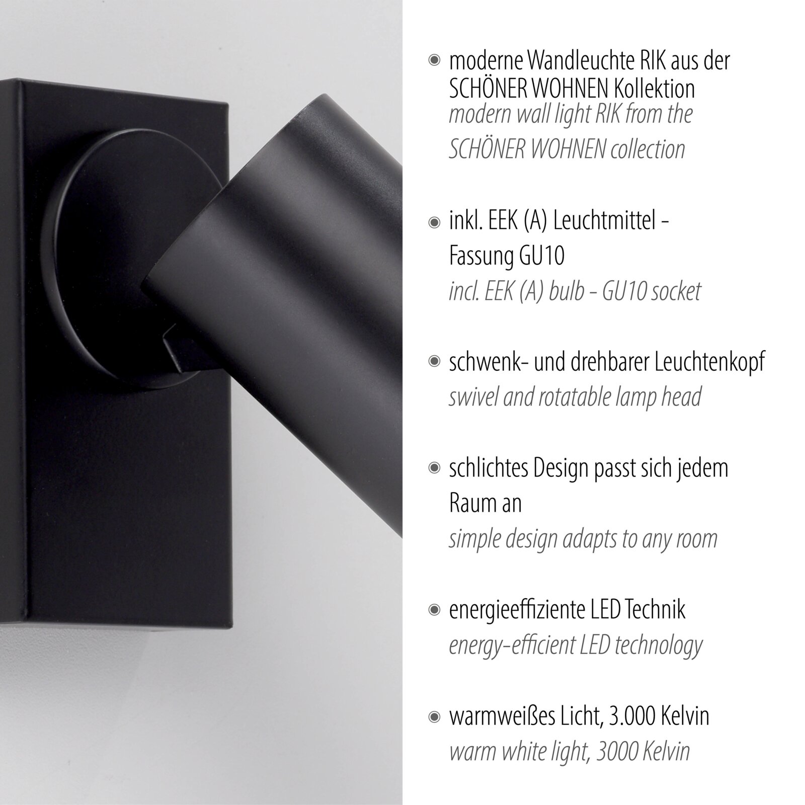 Schwarze moderne Wandlampe RIK aus der SCHÖNER WOHNEN Kollektion mit schwenk- und drehbarem Leuchtenkopf, Nahaufnahme in seitlicher Perspektive (leicht von vorn)