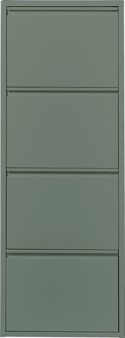 Schmaler, hoher Metallschrank mit vier glatten Frontklappen in mattem Olivgrün, frontal von vorne in gerader Perspektive freigestellt
