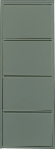 Schmaler, hoher Metallschrank mit vier glatten Frontklappen in mattem Olivgrün, frontal von vorne in gerader Perspektive freigestellt
