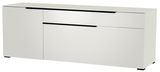 Weißes TV-Lowboard mit modernen schwarzen Griffen, seitliche Perspektive