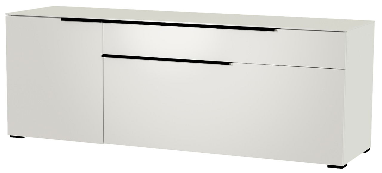 Weißes TV-Lowboard mit modernen schwarzen Griffen, seitliche Perspektive