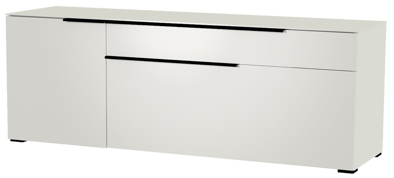 Weißes TV-Lowboard mit modernen schwarzen Griffen, seitliche Perspektive
