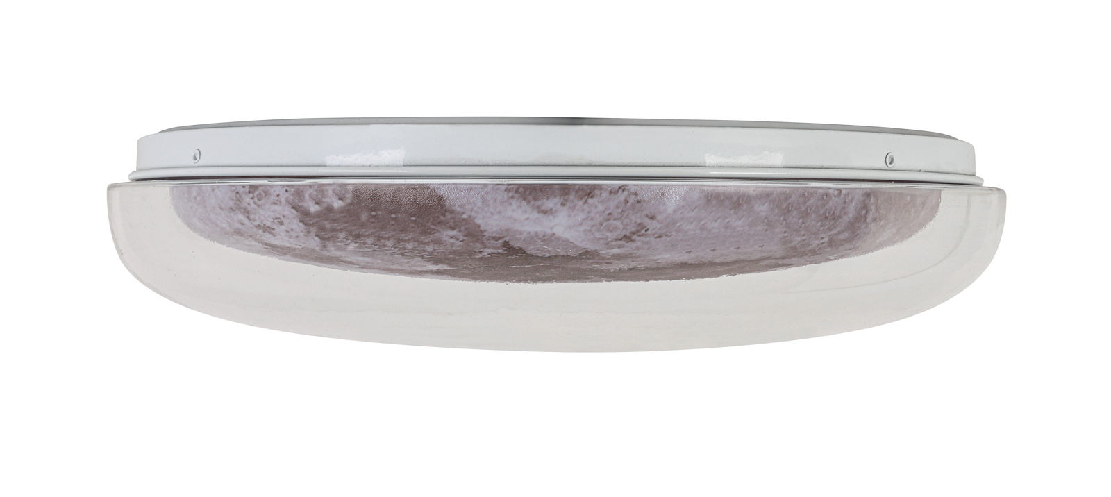 Seitenansicht einer runden LED-Deckenleuchte mit klarem Rand und weißem Gehäuse.